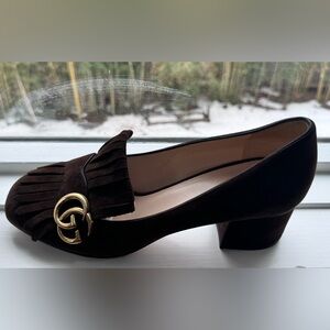 Gucci Marmont Chocolate Brown Suede Loafers with Gold GG Detail